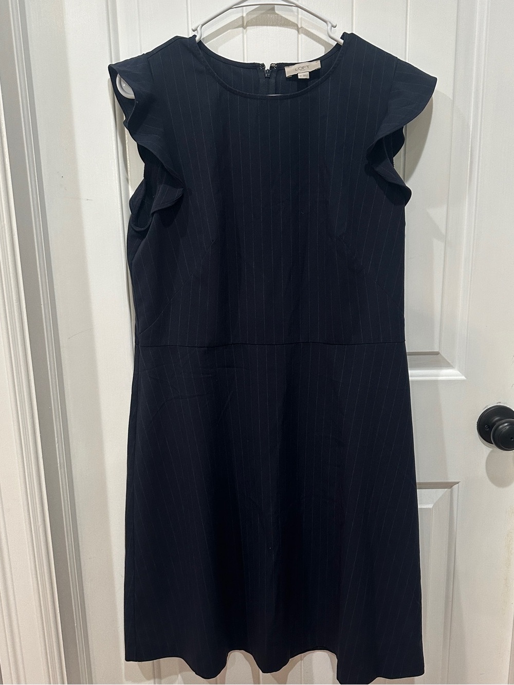 LOFT Navy Pinstripe Midi Dress with Ruffle Sleeves